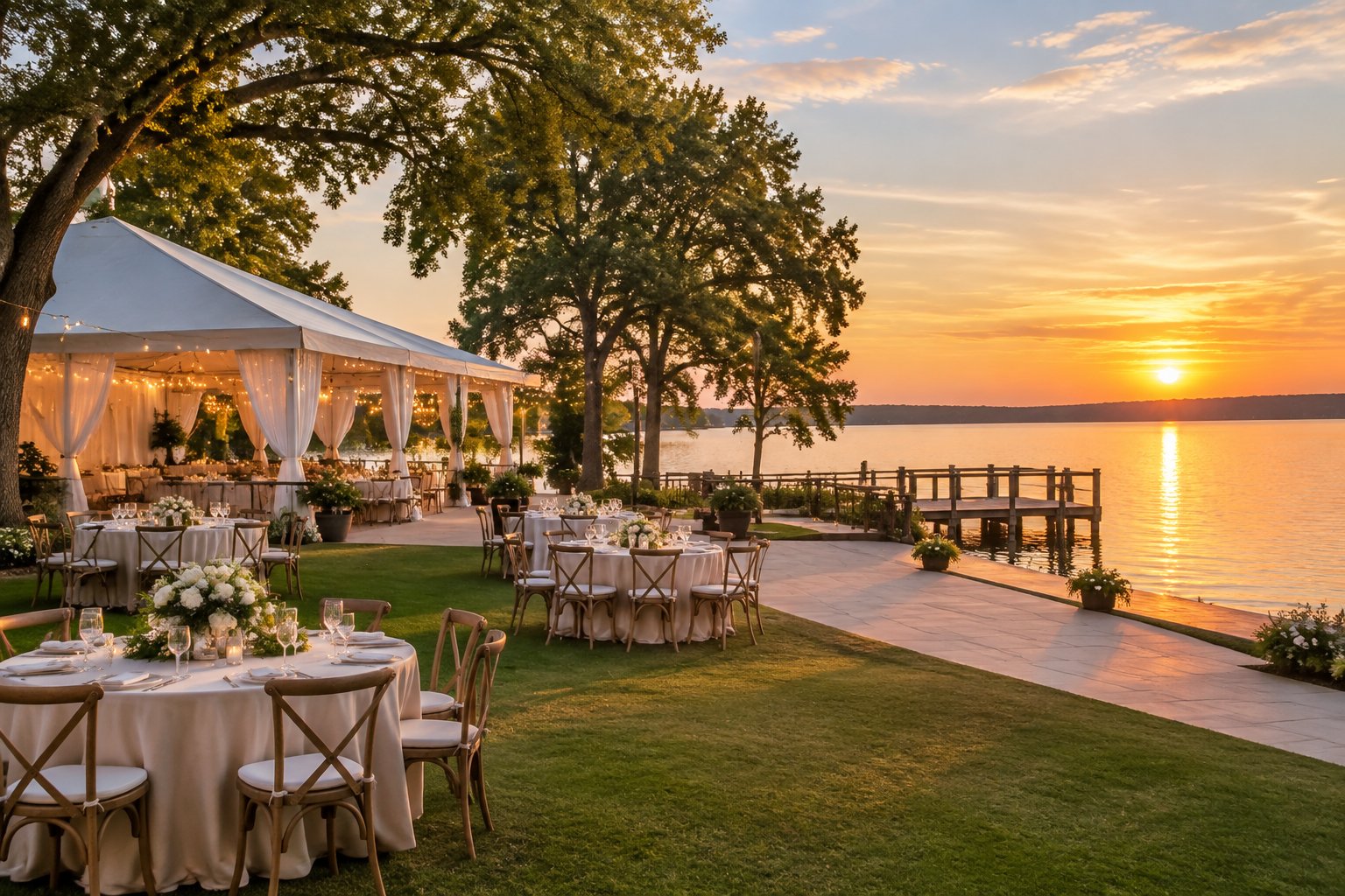 An elegant wedding venue beside Cross Lake at sunset, with outdoor tables, trees, and calm water.