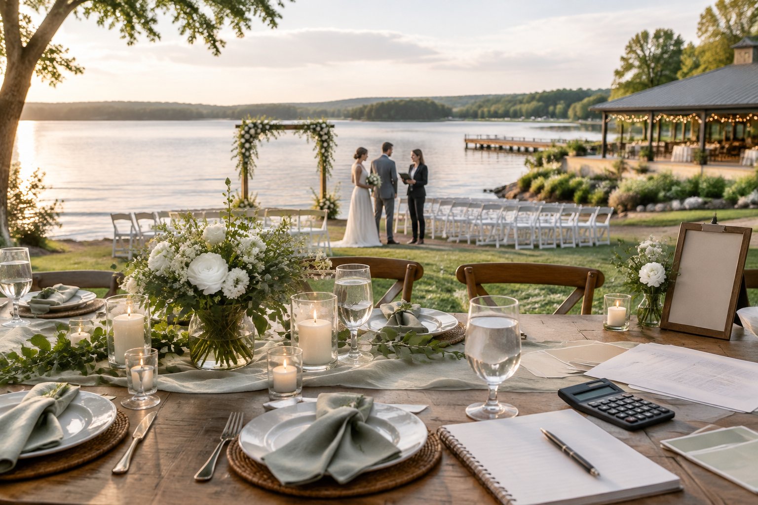 A couple and venue coordinator review a lakeside wedding setup beside a decorated reception table.