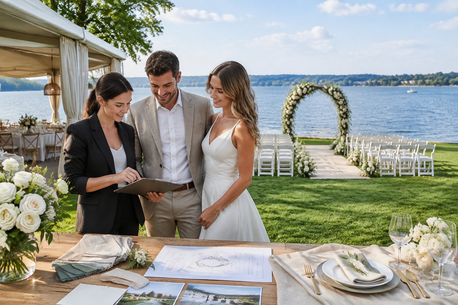 A couple and wedding coordinator review plans beside an elegant ceremony setup overlooking a lake.