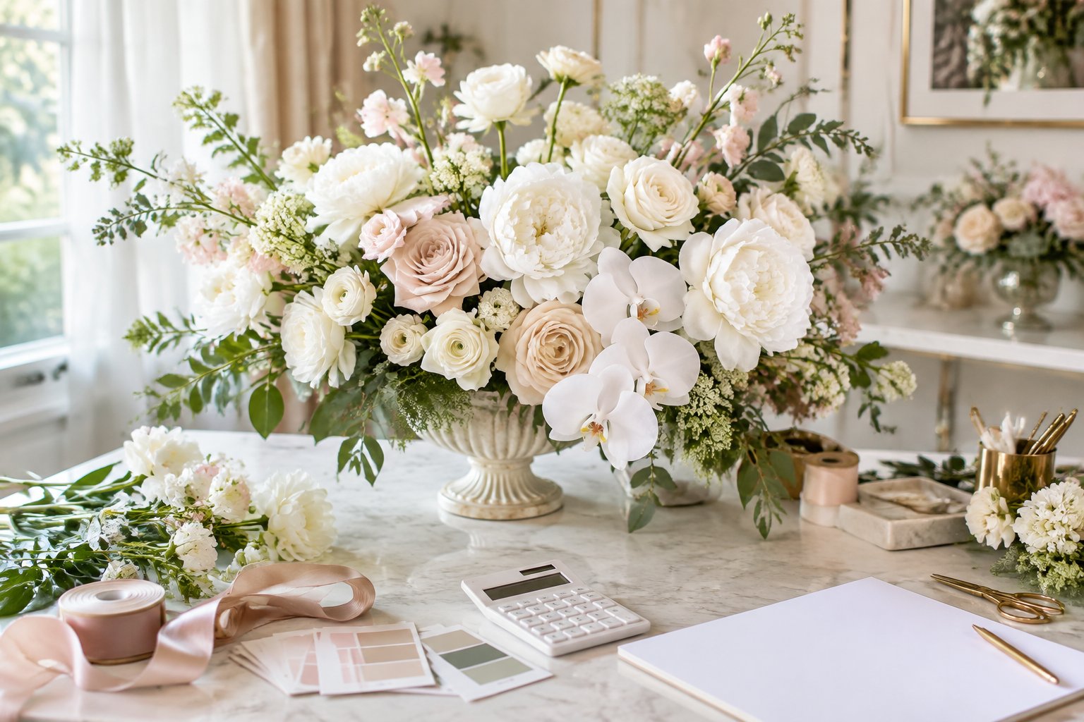 Luxury white and blush wedding flowers arranged on a florist’s consultation table.