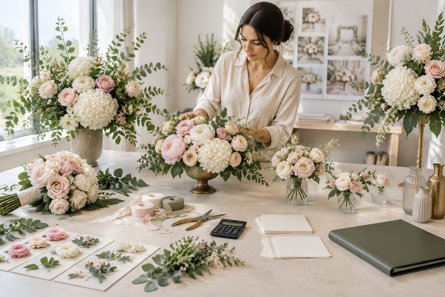 A floral designer arranges wedding flowers and supplies on a studio worktable beside several finished arrangements.