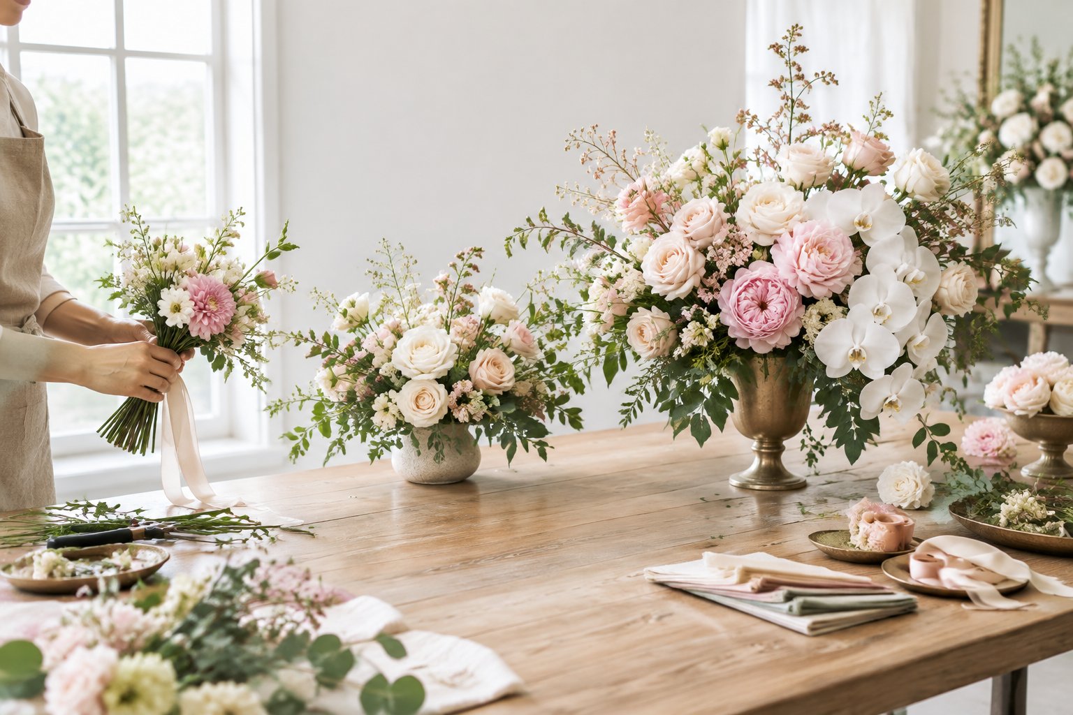 A floral designer compares three wedding flower arrangements ranging from simple to lavish on a studio worktable.