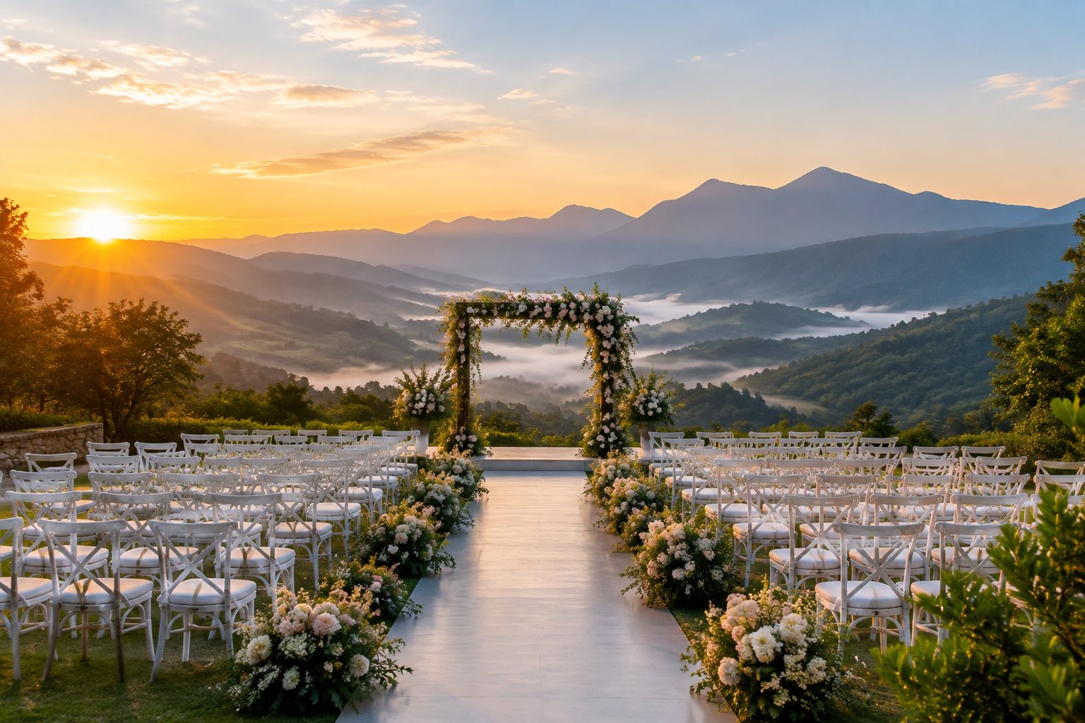 An elegant outdoor wedding ceremony setup overlooking misty mountains at dawn.