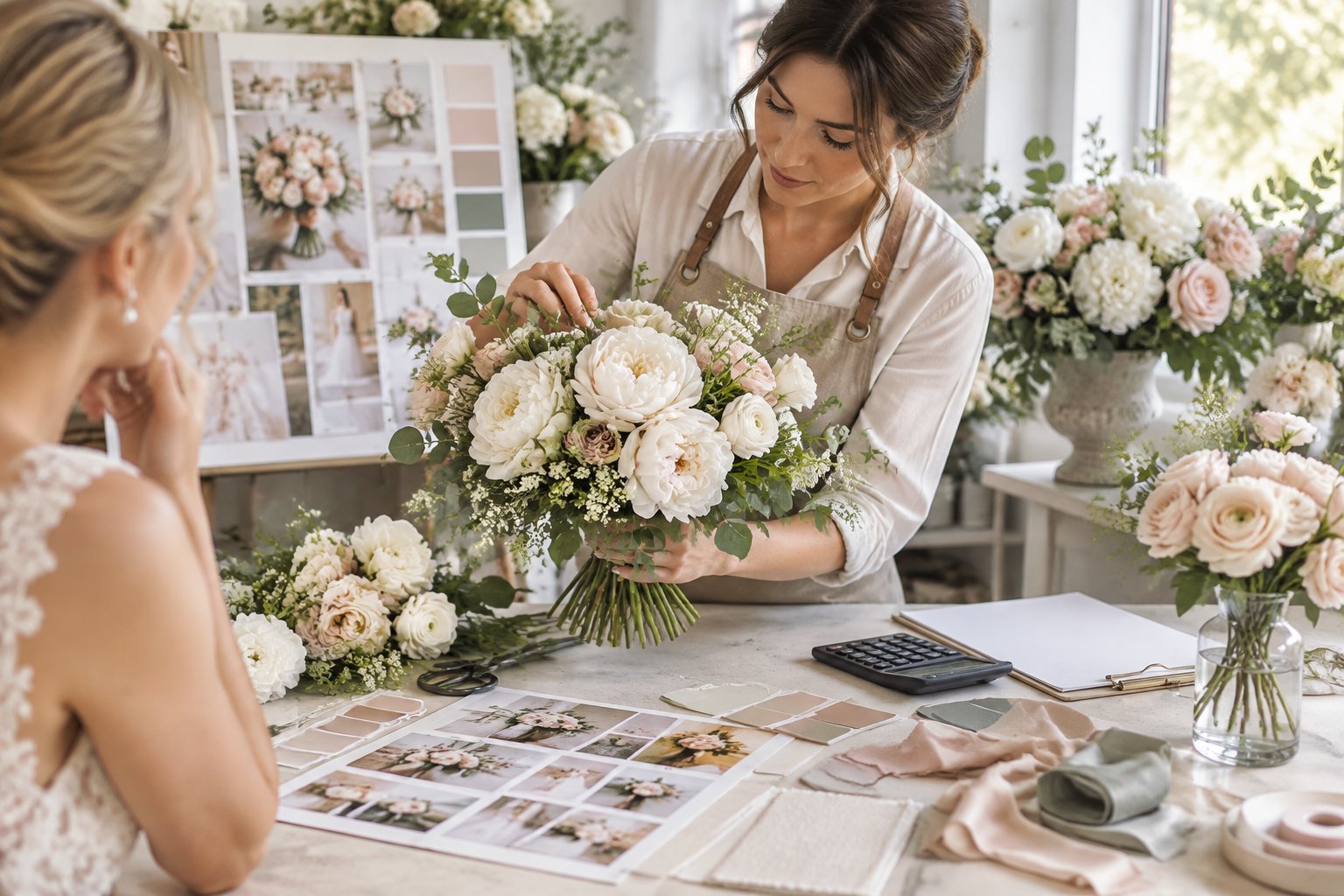 A florist arranges an elegant wedding bouquet in a bright floral studio surrounded by premium flower samples and supplies.