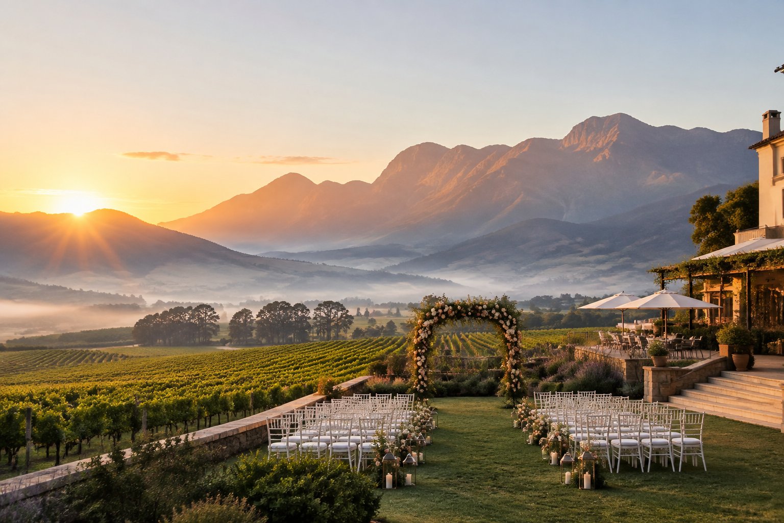 A vineyard wedding venue at dawn with white chairs, floral decor, and mountains in the background.