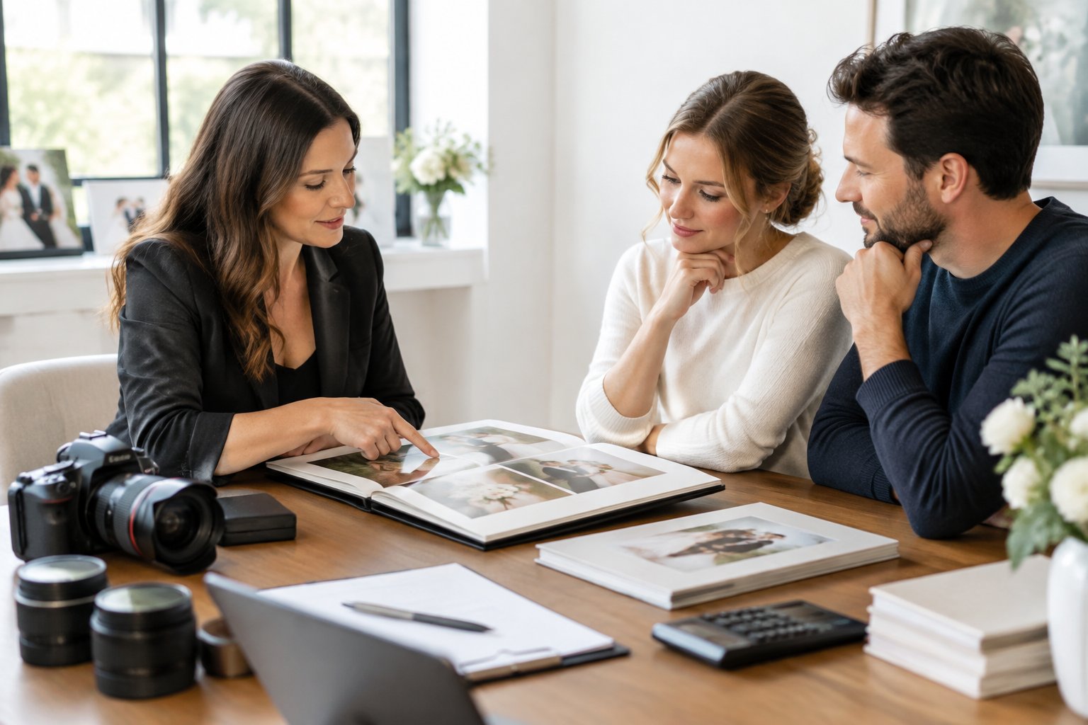 A wedding photographer discusses photography options with an engaged couple at a table with a camera, album, and portfolio.