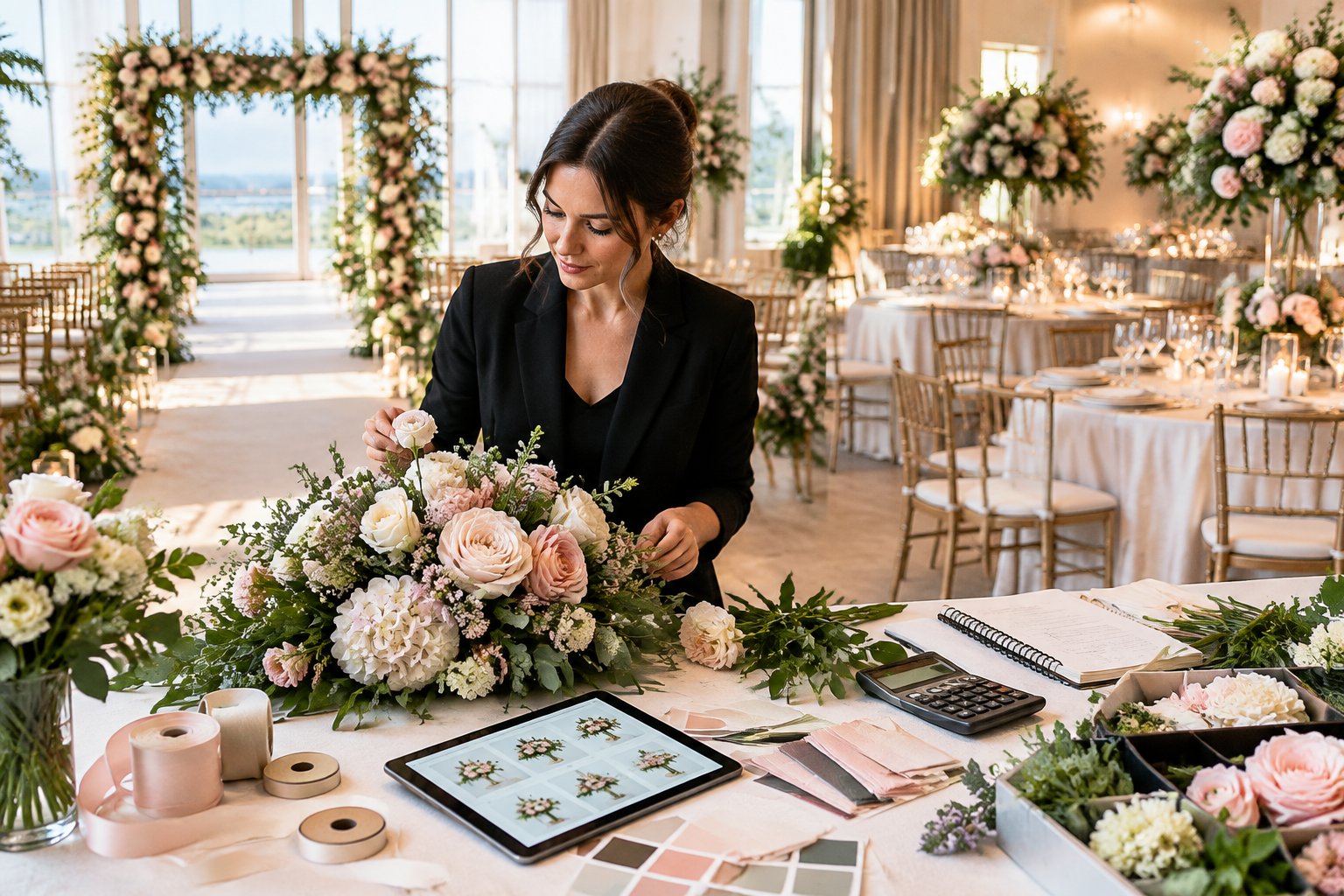 A wedding florist reviews flowers and design materials beside decorated ceremony and reception spaces.
