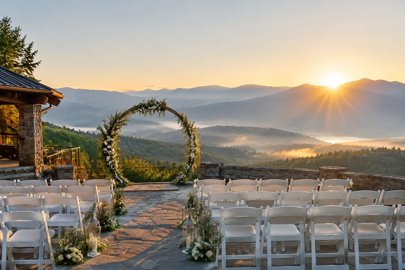 An elegant outdoor wedding ceremony setup overlooking misty mountains at sunrise.
