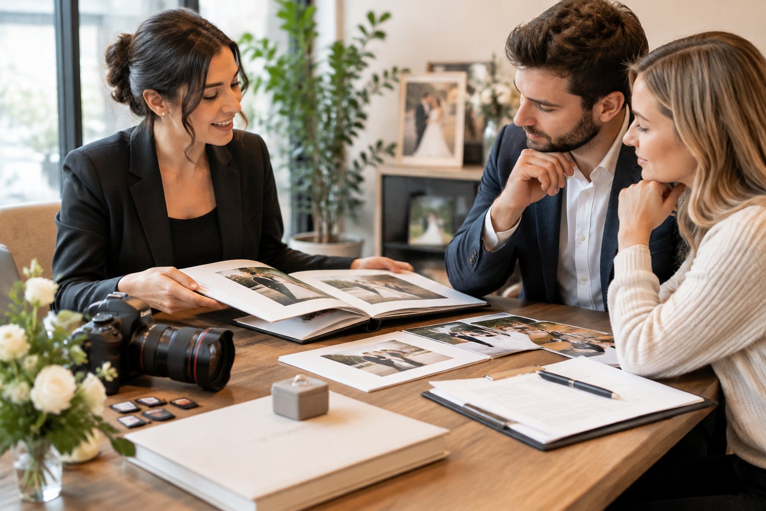 A wedding photographer discusses services with an engaged couple at a table with a camera, album, and wedding details.