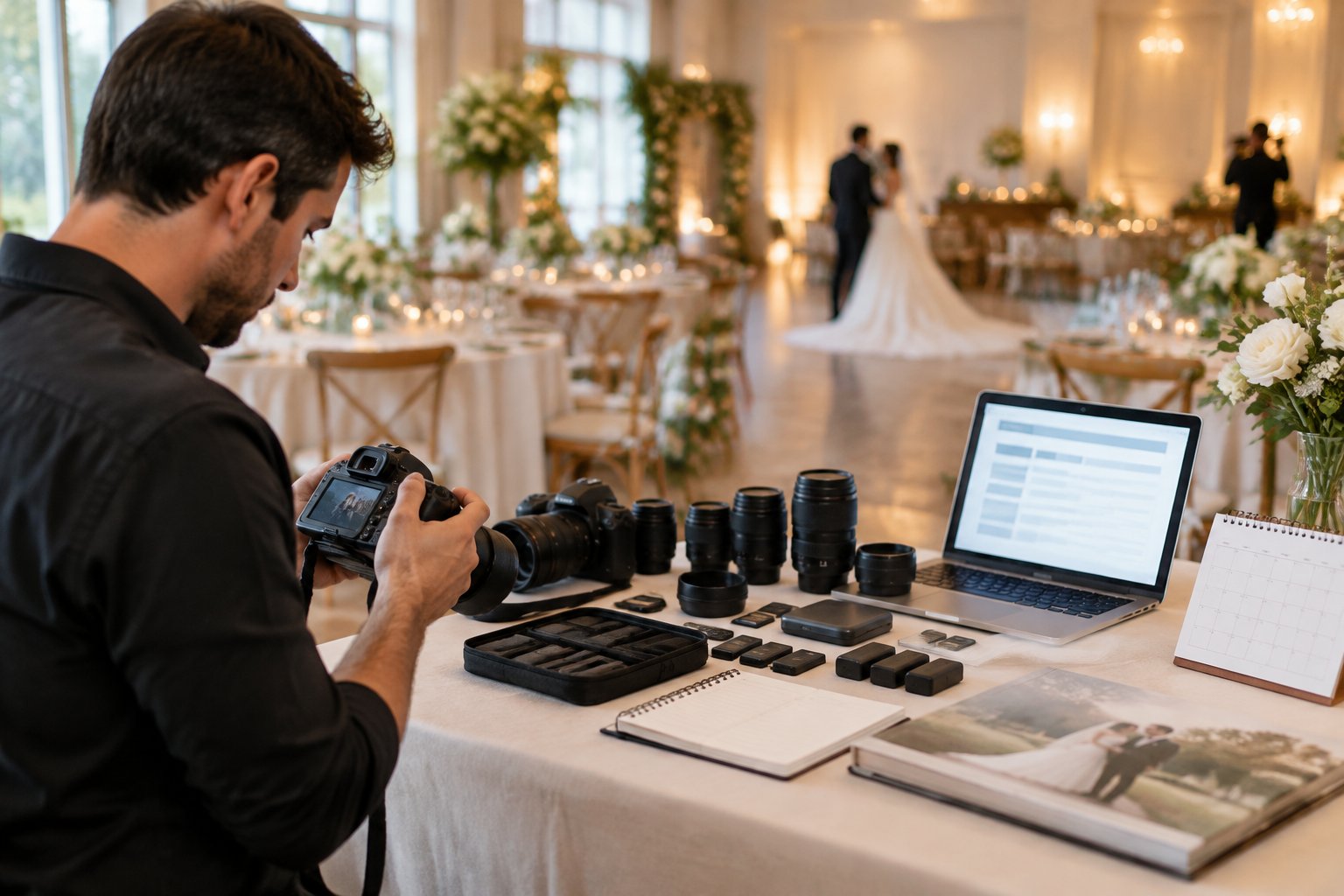 A wedding photographer reviews camera equipment at a table while a decorated reception venue is visible in the background.