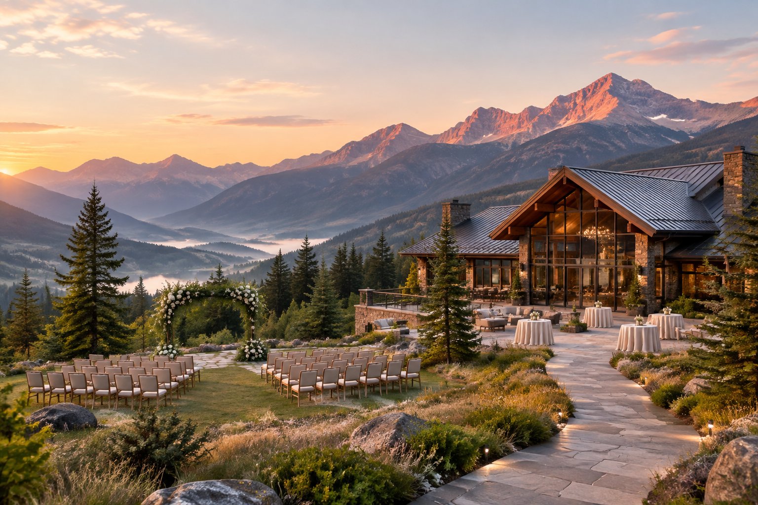 A mountain wedding venue and outdoor seating overlook misty peaks at sunrise.