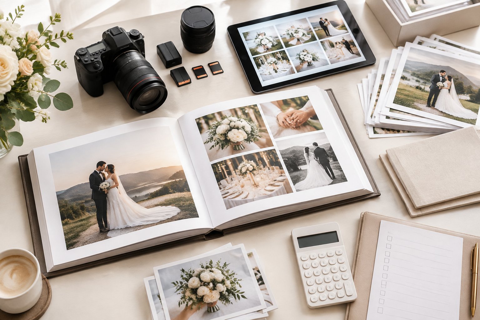 Wedding album, camera equipment, printed photos, and organized photography materials arranged on a table.