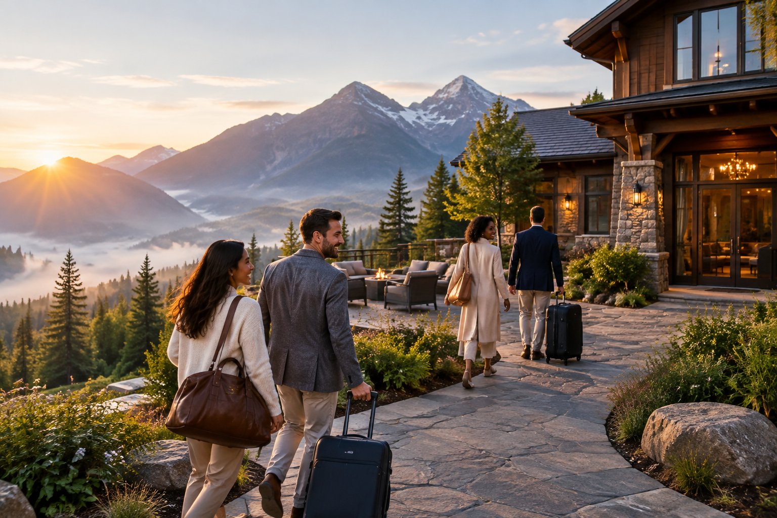 Wedding guests with luggage walk toward a mountain lodge at dawn.