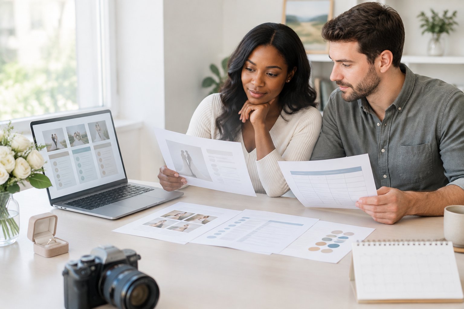 An engaged couple compares blank photography proposals at a desk beside wedding planning items.
