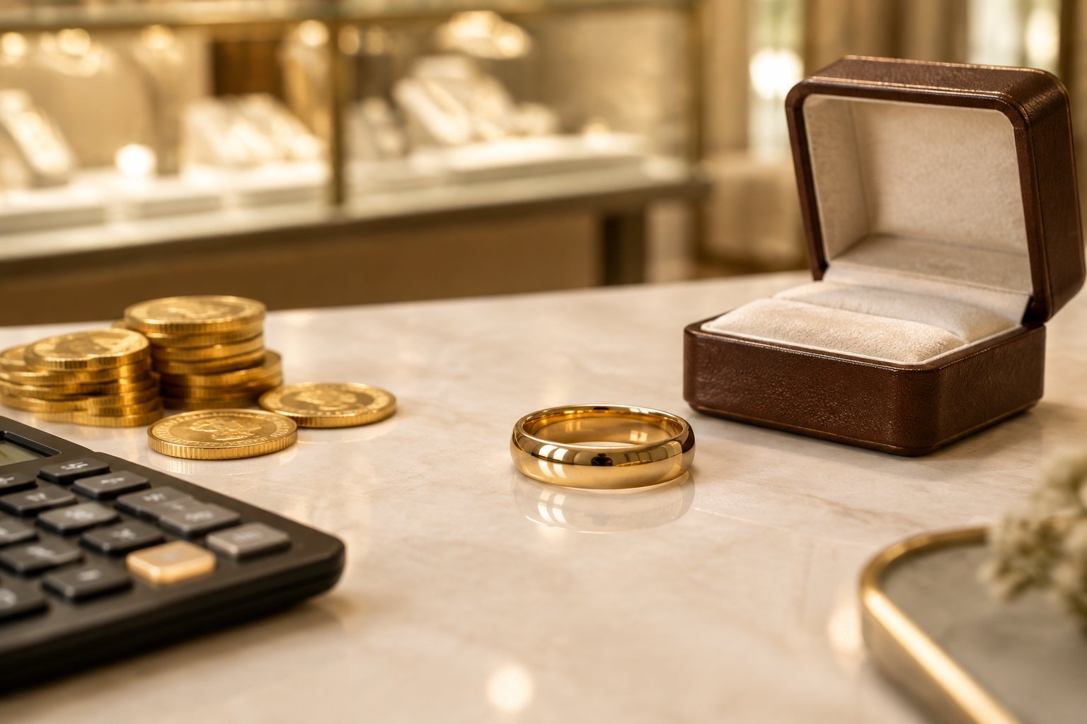A gold wedding band displayed beside an open ring box and gold coins.