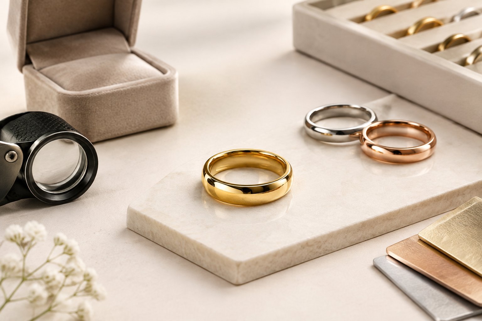 Gold wedding bands displayed beside a ring box and jewelry tools.