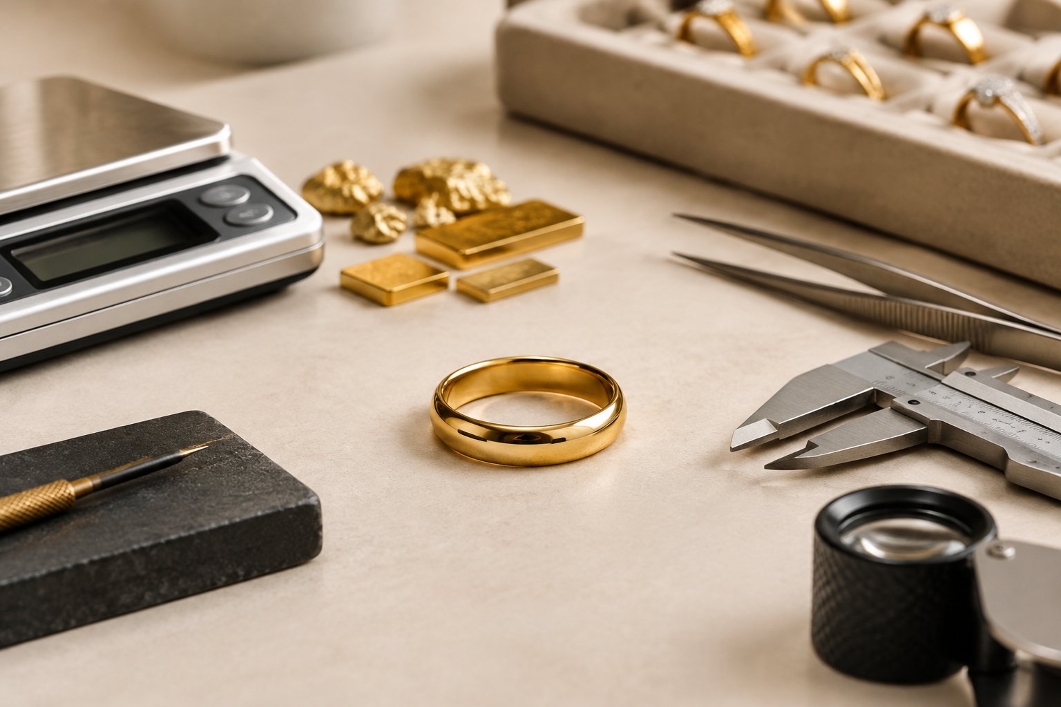 A gold wedding band beside a jeweler’s scale and gold testing tools.
