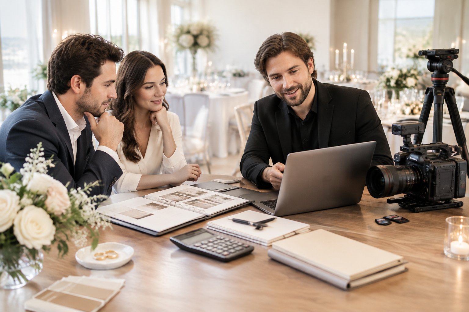 A wedding videographer discusses filming equipment and budget planning with an engaged couple at a table.