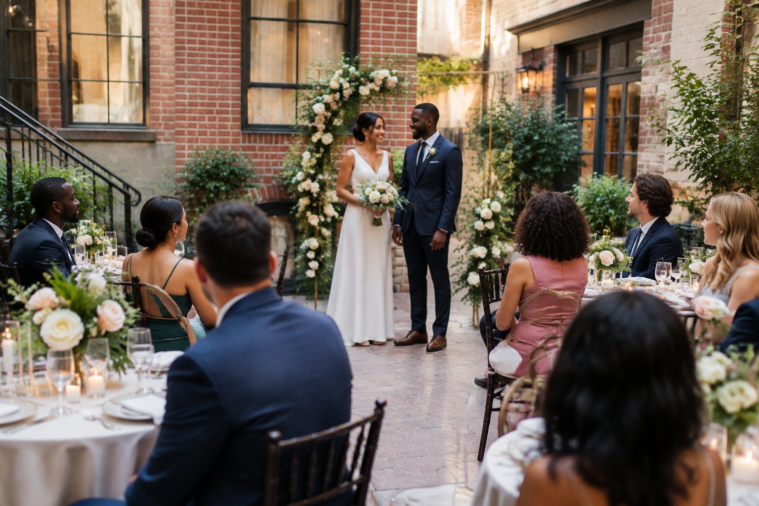 A couple celebrates with guests at an intimate wedding ceremony in an elegant urban venue.