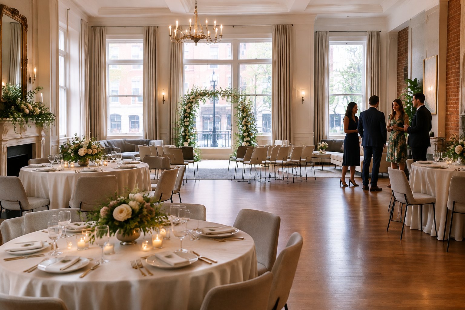 An intimate wedding venue arranged with dining tables, a ceremony area, and space for guests to mingle.