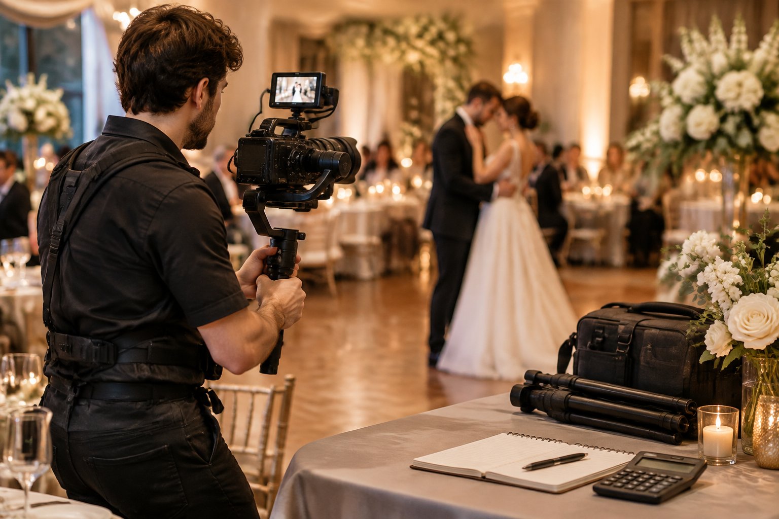 A wedding videographer films a newlywed couple during an elegant reception.