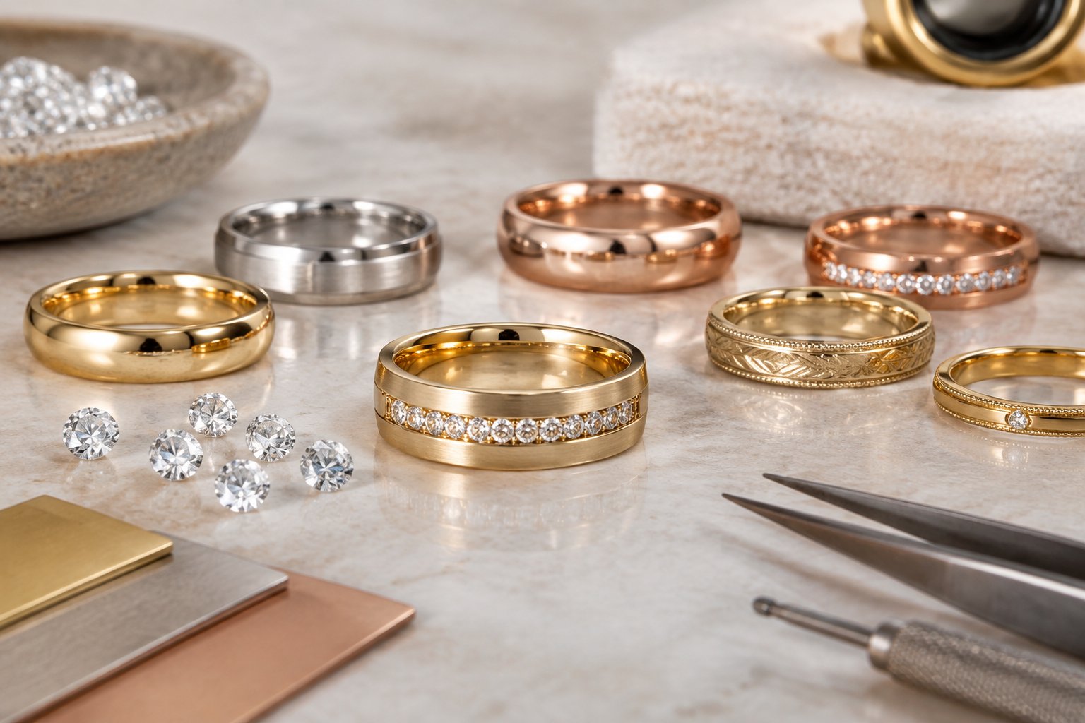 Several gold wedding bands in different colors and designs are displayed on a jeweler’s workbench beside diamonds and jewelry tools.
