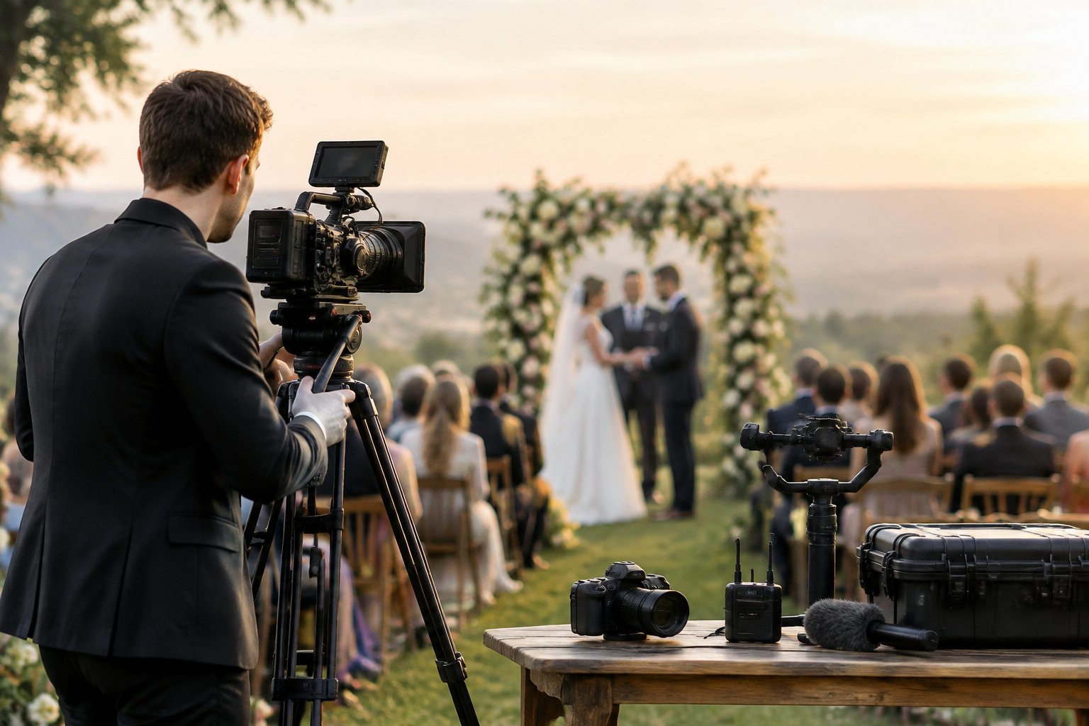 A wedding videographer records a bride and groom during an outdoor ceremony with professional camera and audio equipment nearby.