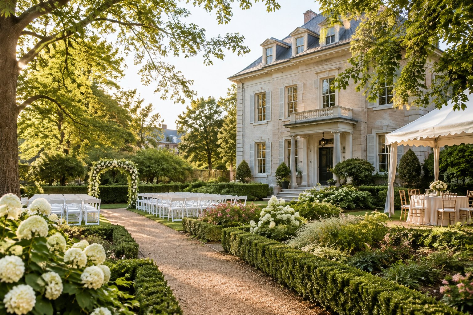 A historic mansion surrounded by formal gardens and a small outdoor wedding ceremony setup.