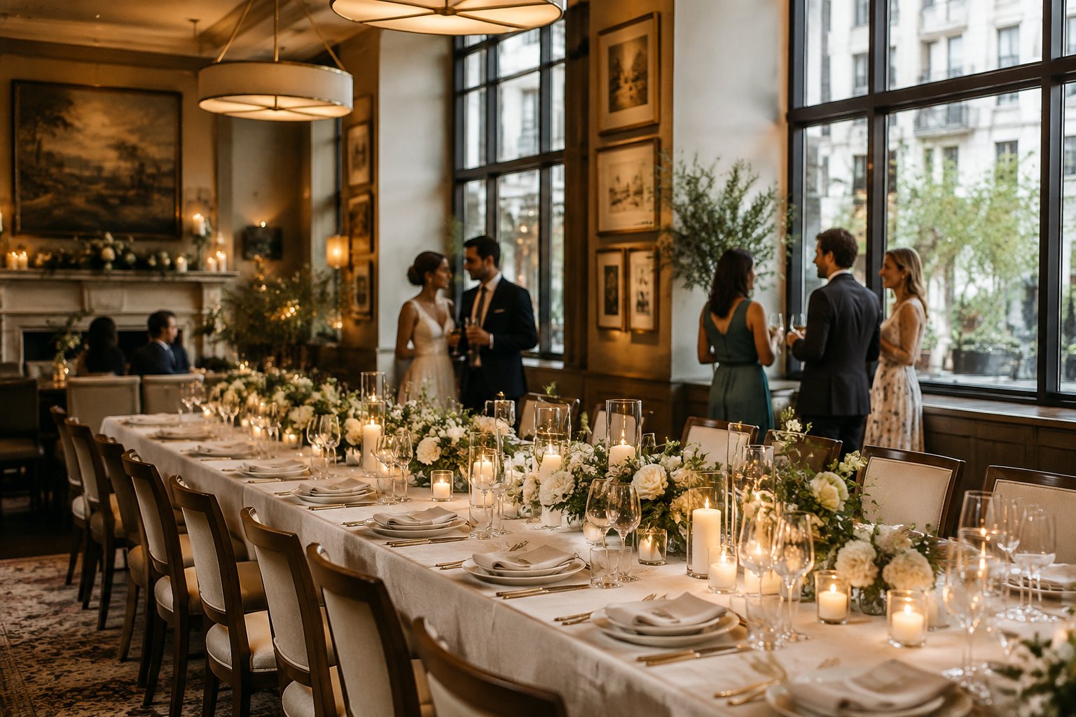 An intimate wedding reception is arranged in an elegant private dining room surrounded by artwork.