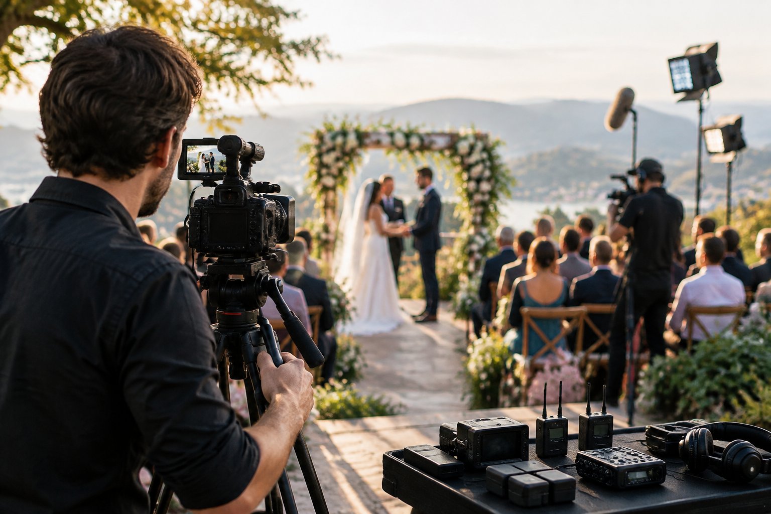 A wedding videographer films a couple during an outdoor ceremony with professional cameras, lighting, and audio equipment.