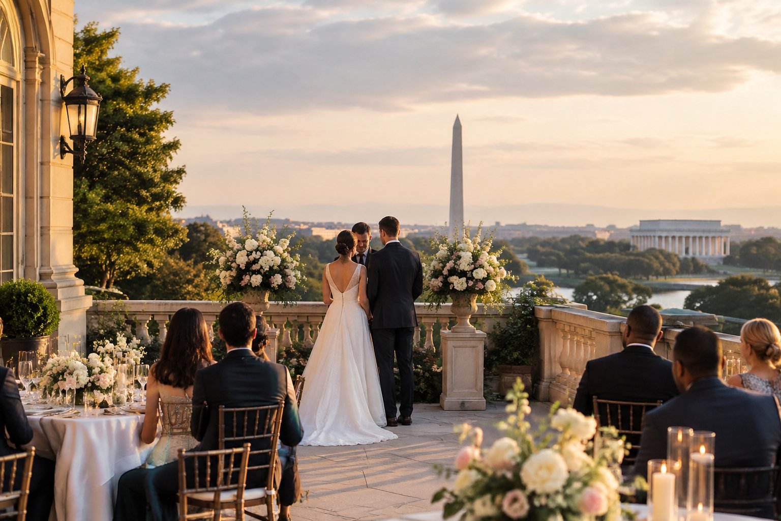 An intimate wedding celebration on a luxury hotel terrace with a Washington, DC landmark in the background.