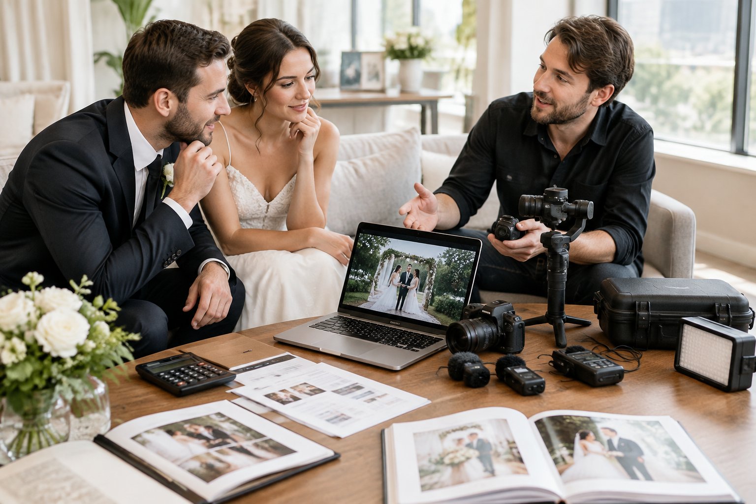A couple reviews wedding videography equipment and package options with a professional videographer.