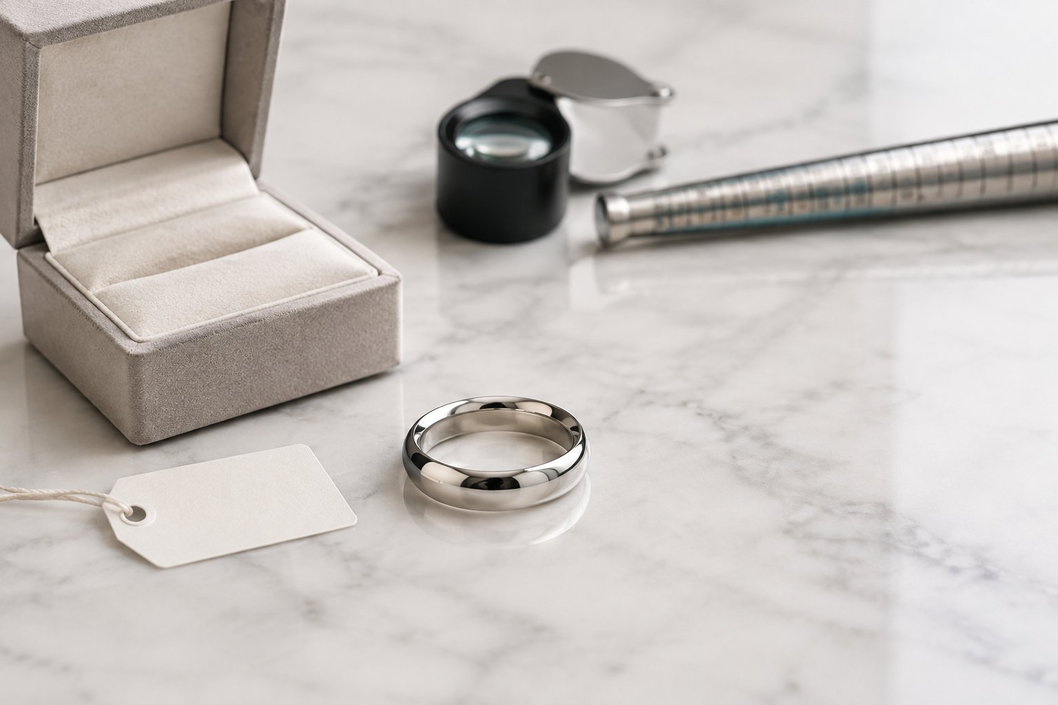 A polished silver wedding band displayed beside an open ring box and jewelry appraisal tools.