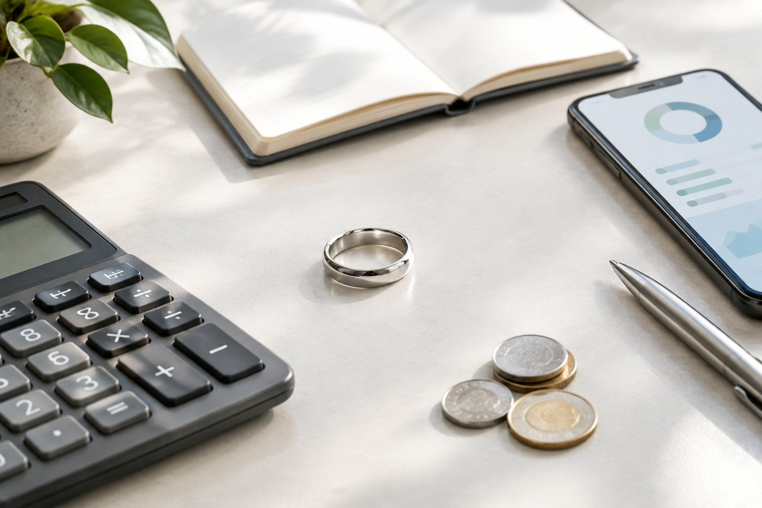 A silver wedding band beside a calculator, blank notebook, smartphone, and coins on a desk.