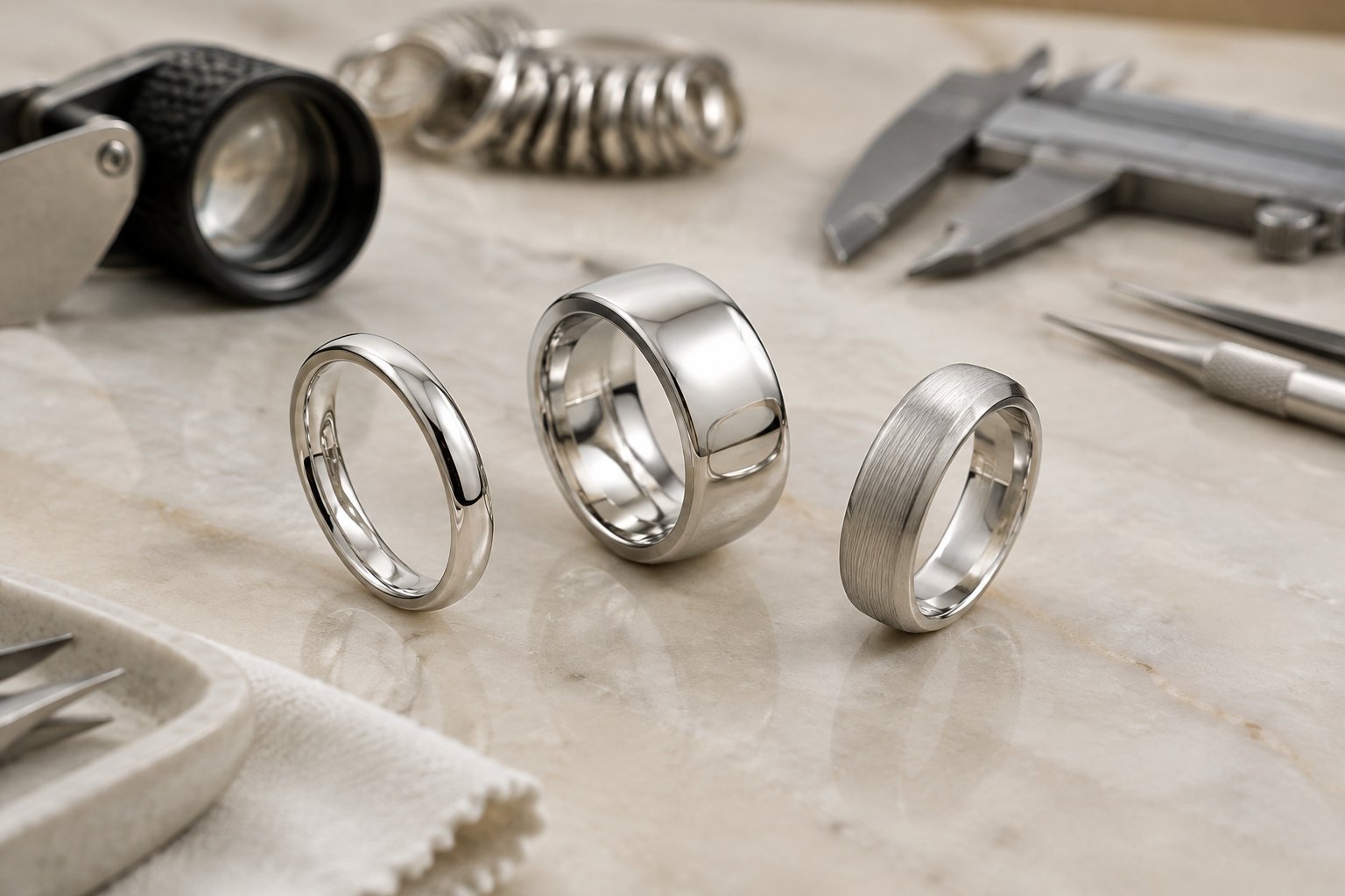 Several silver wedding bands with different widths and finishes rest on a jeweler’s work surface beside jewelry-making tools.