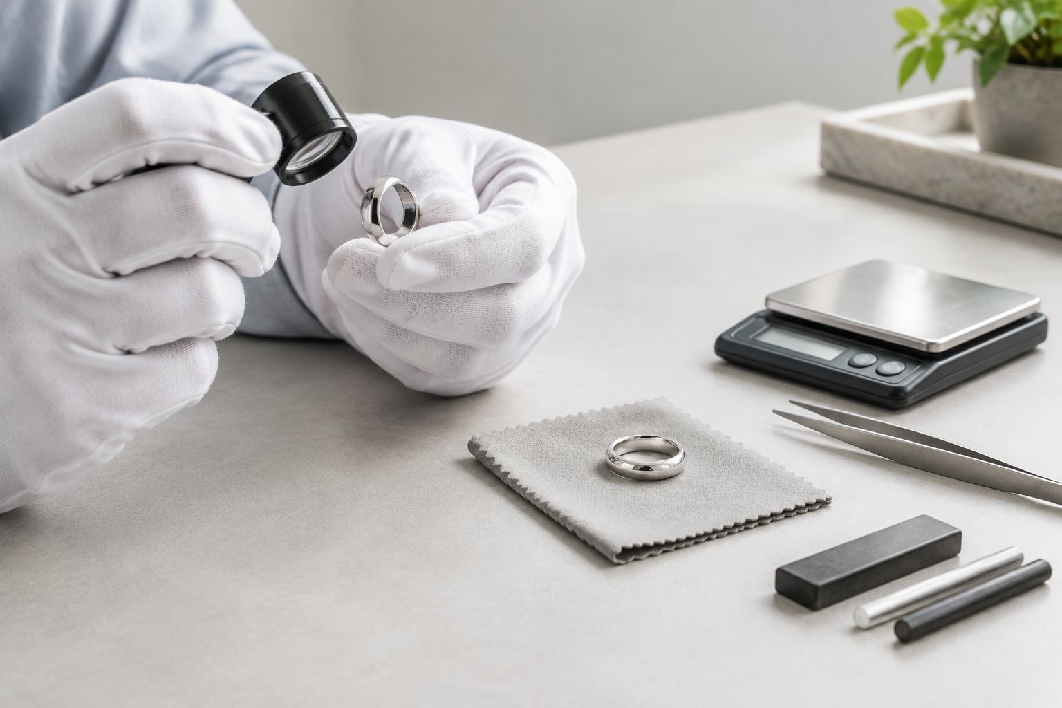 A jeweler examines a sterling silver wedding band with a loupe beside testing tools.