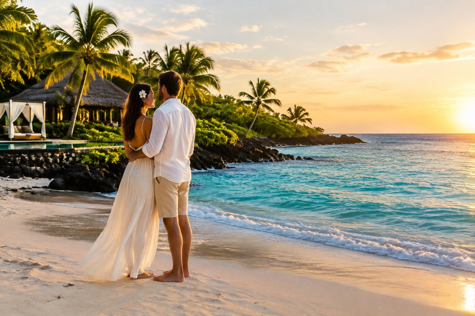 A newlywed couple embraces on a tropical Costa Rican beach beside a luxurious resort.