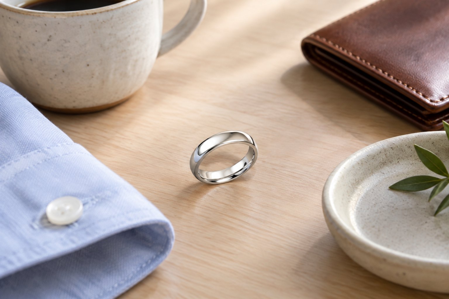A sterling silver wedding band displayed with everyday personal items on a neutral surface.