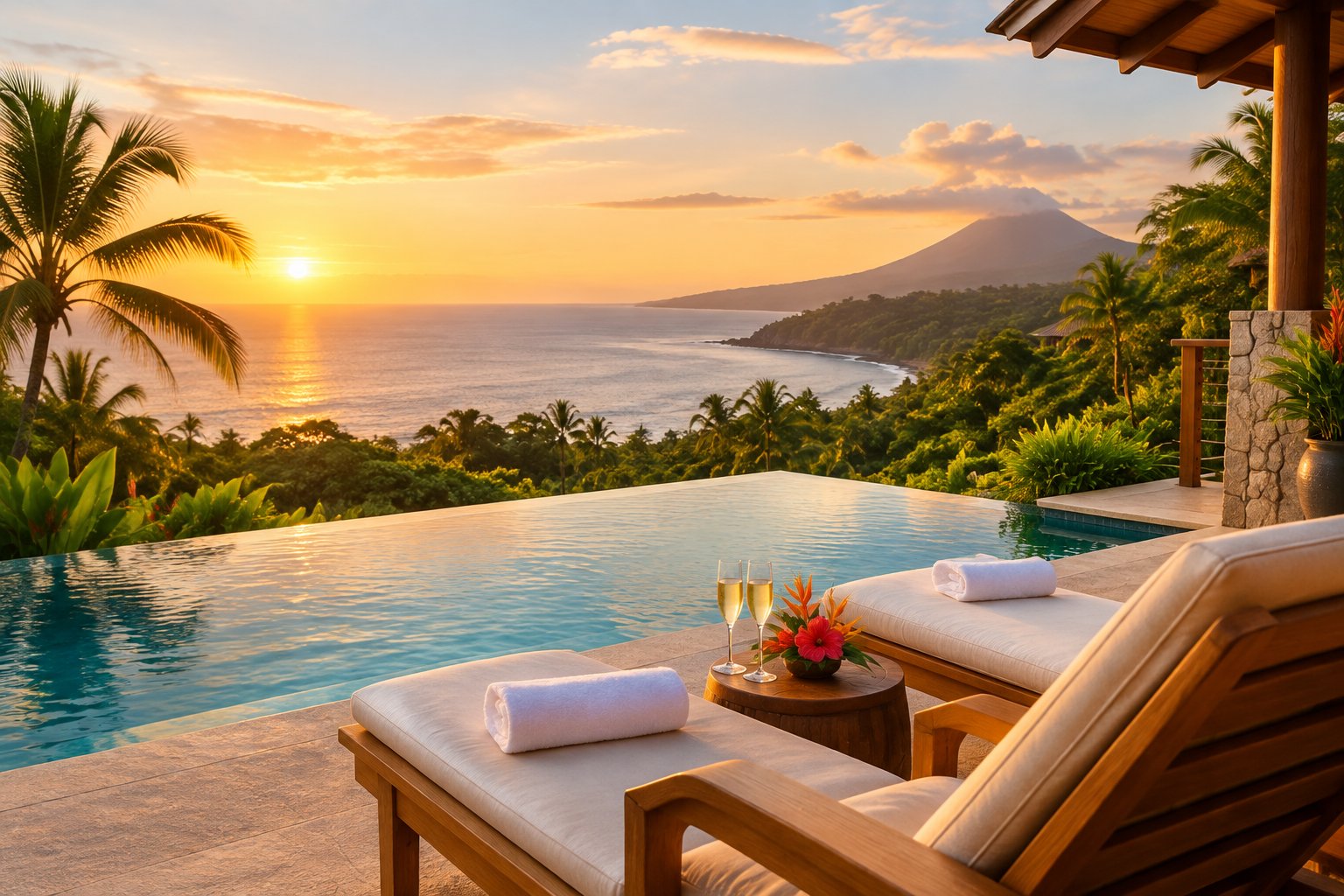 A luxury resort terrace overlooks a tropical Costa Rican beach and lush greenery, with lounge chairs and champagne glasses nearby.