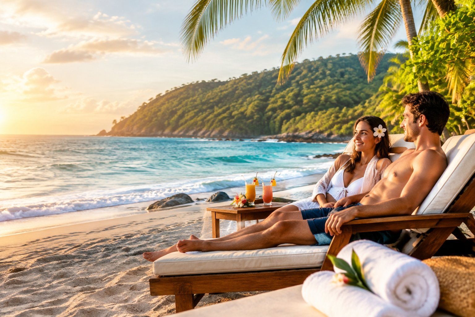 A newlywed couple relaxes at a tropical Costa Rican beach resort surrounded by palm trees, turquoise water, and rainforest-covered hills.