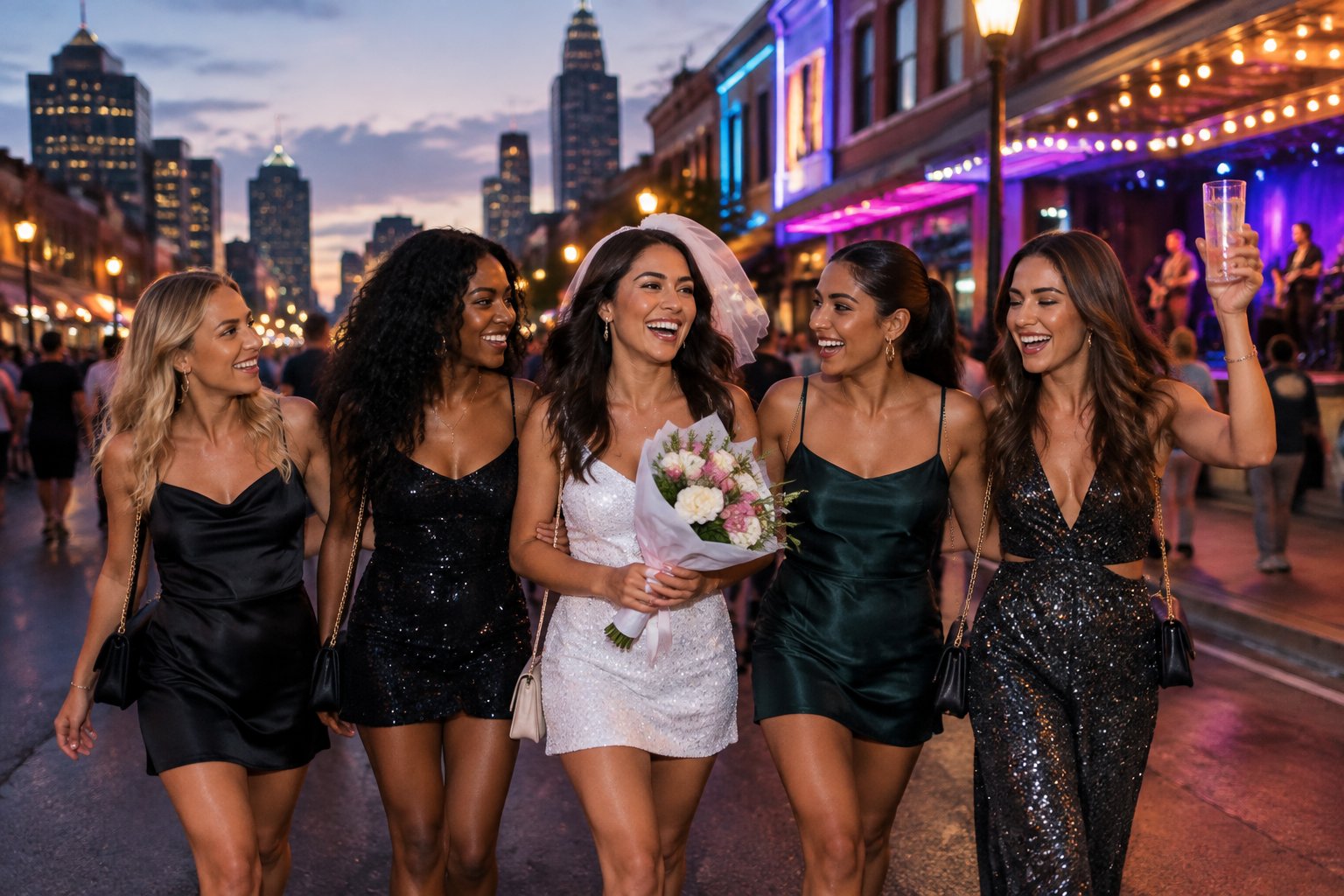 A group of friends celebrates together on a lively city street at dusk.