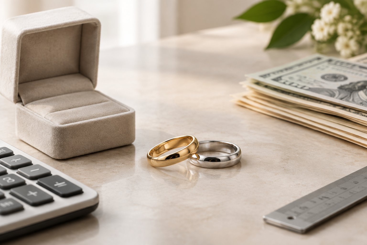 Two wedding bands displayed beside a jewelry box, calculator, and currency.