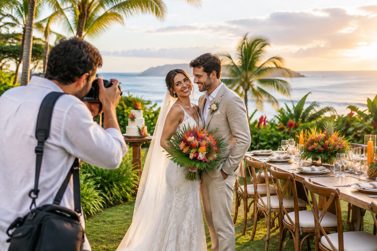 A newlywed couple poses at a tropical Costa Rican wedding venue while a photographer captures the moment.