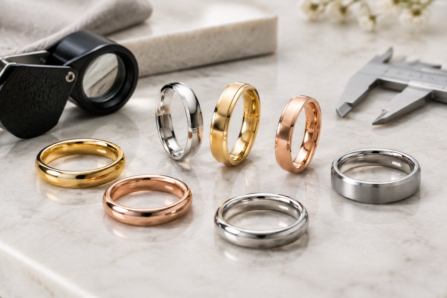 Several wedding bands in different metal colors and finishes arranged on a light surface beside jewelry appraisal tools.