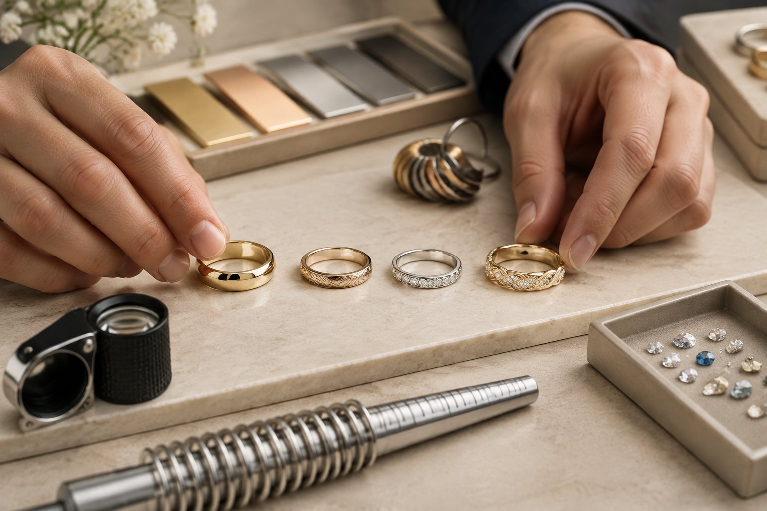 Several wedding bands with different designs and gemstone details are arranged on a jeweler’s worktable.