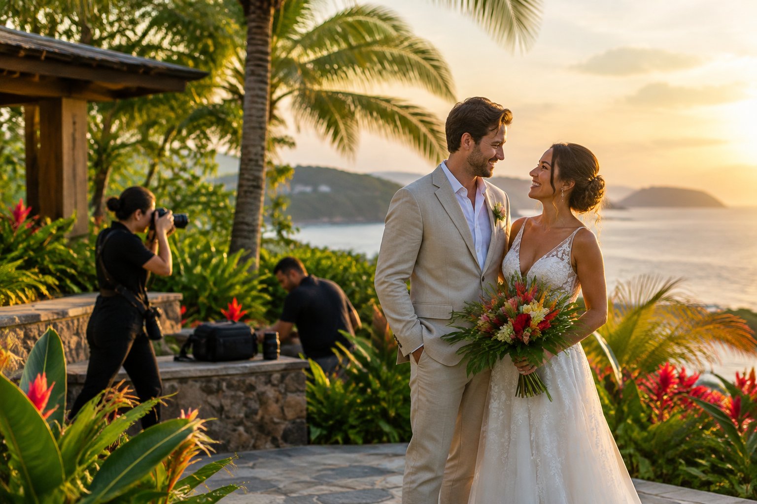 Newlywed couple posing at a lush Costa Rican wedding venue while a photographer captures their portrait.