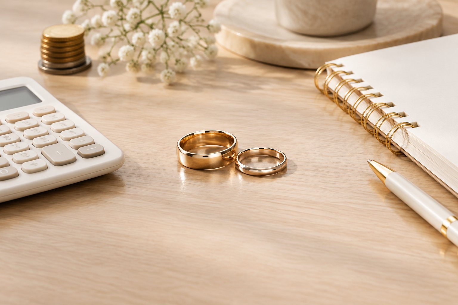 Two wedding bands beside a calculator, notebook, pen, and coins on a budgeting workspace.
