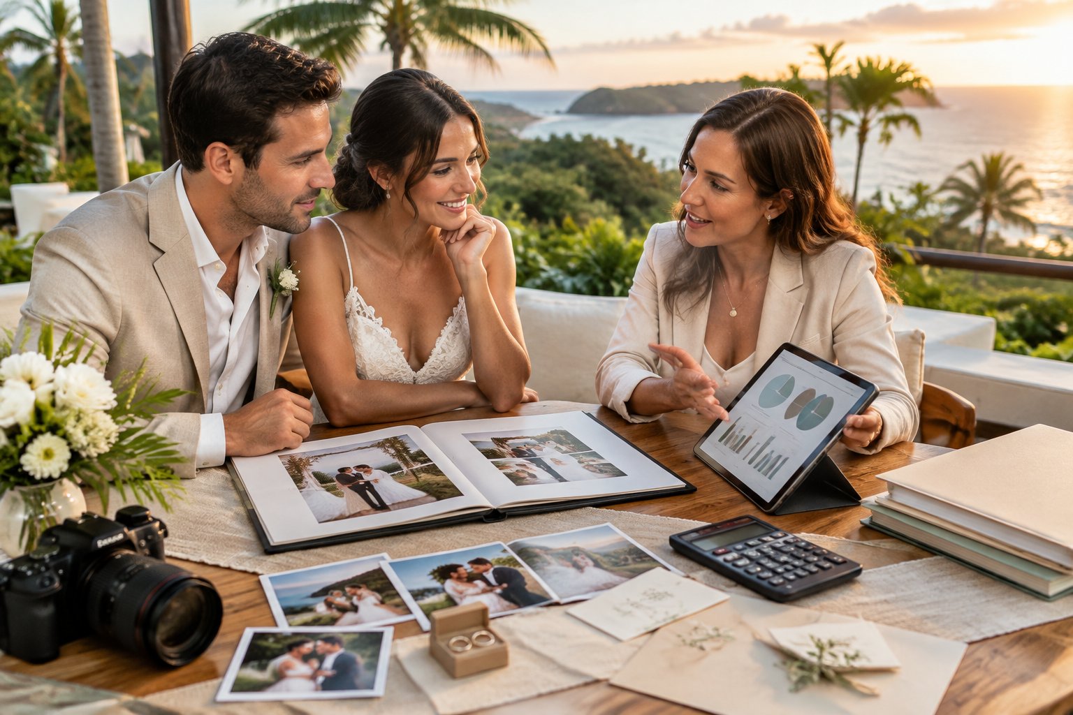 A couple discusses wedding budget materials with a planner at a tropical Costa Rican venue.