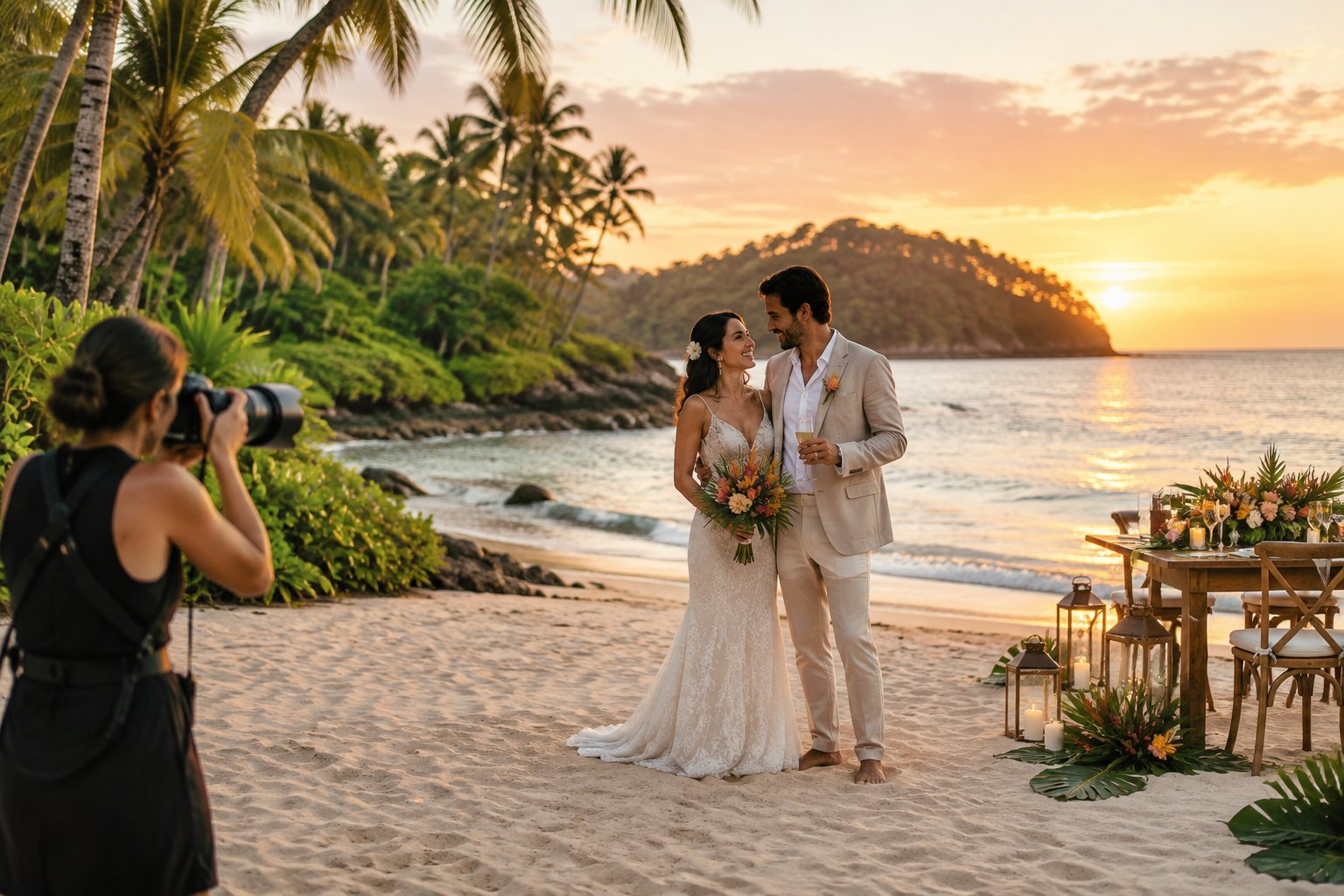 A newlywed couple celebrates on a Costa Rican beach while a photographer captures the moment.
