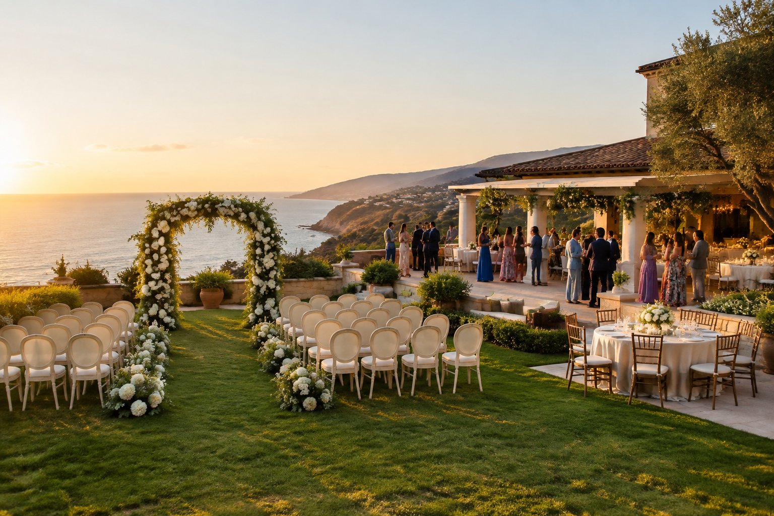 An elegant outdoor wedding ceremony at a scenic destination venue with floral decorations, white chairs, and guests.